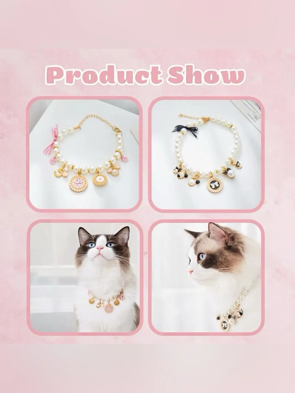 Cute Pearl Dog Cat Collar Necklace Pink and Gold Charms Pet Jewelry Adjustable